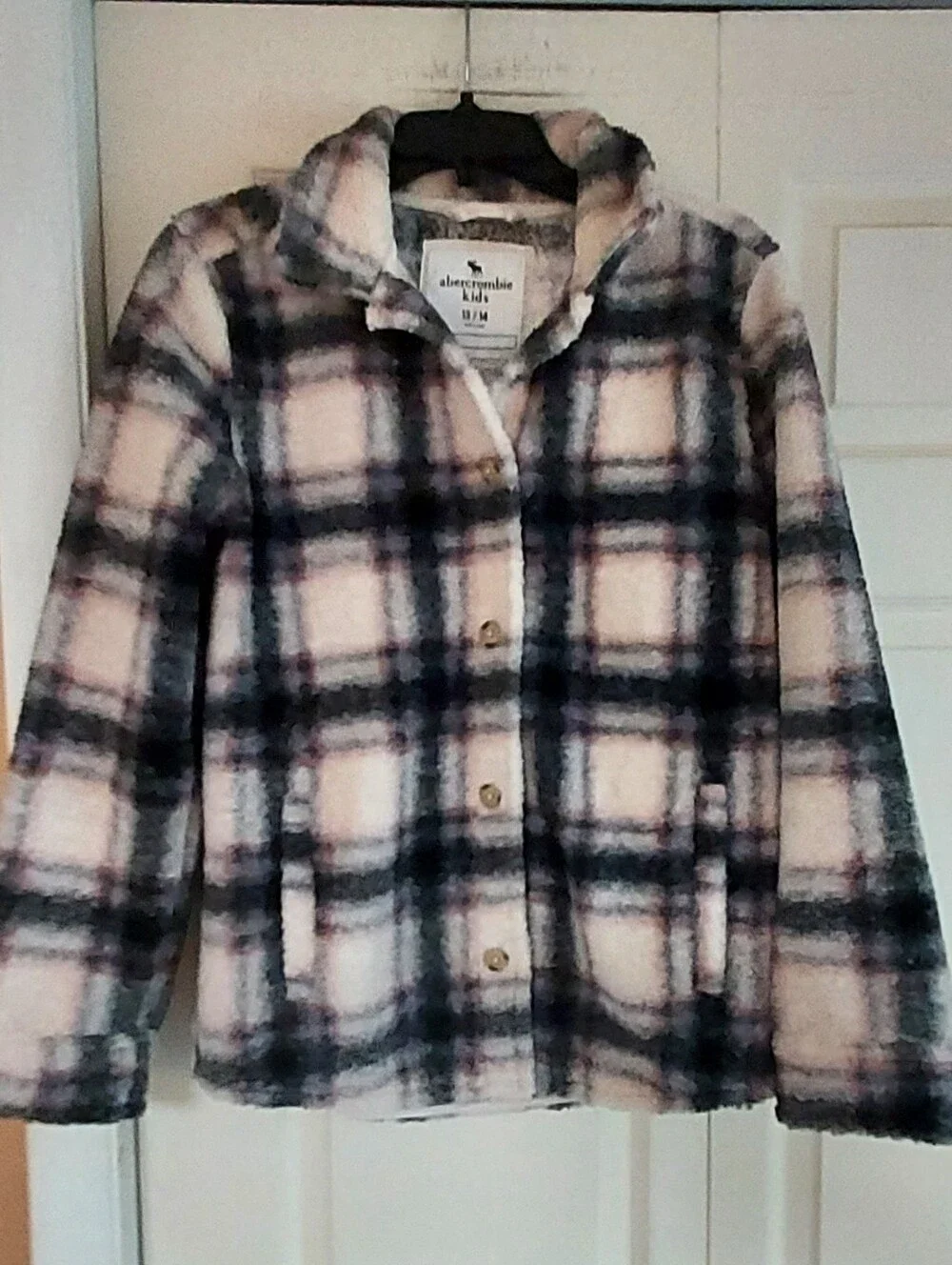 Abercrombie Kids Shaggy Faux Fur Sherpa Plaid Jacket Shacket Button 13/14 Unisex